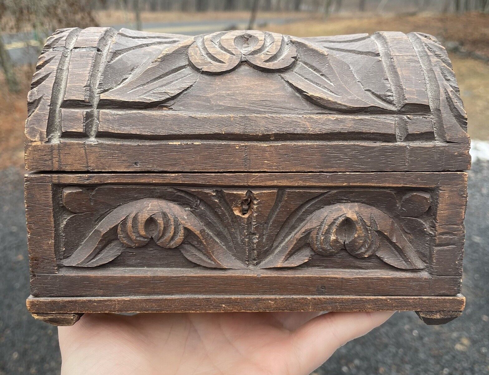 Vintage Folk Art Wooden Dome Topped Chest Mexico Treasure Box 20th C.
