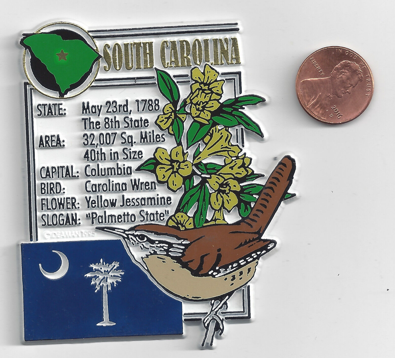 SOUTH CAROLINA   STATE MONTAGE FACTS MAGNET, Columbia, Yellow Jessimine, Wren