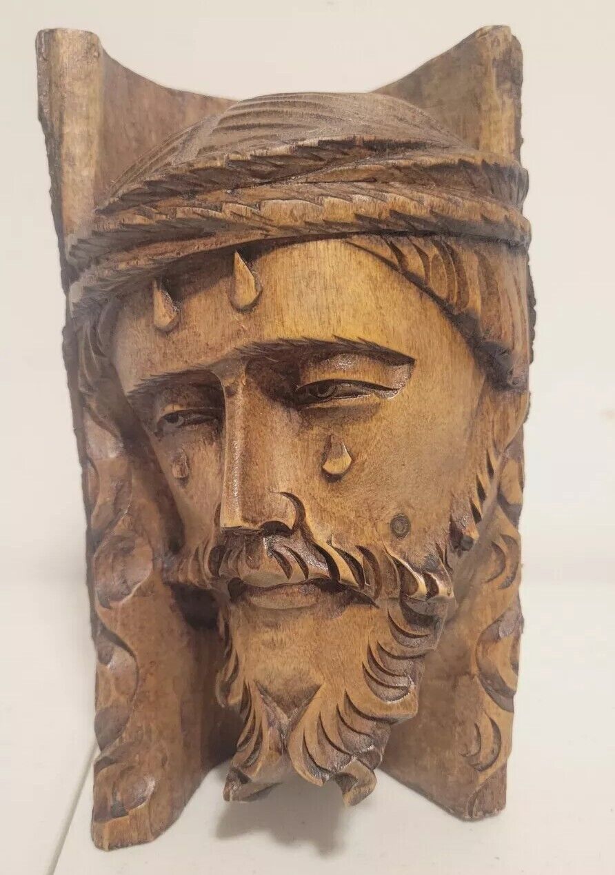 VTG Jesus Christ Weeping Head Bust Hand Carved Wood Log Sculpture  8