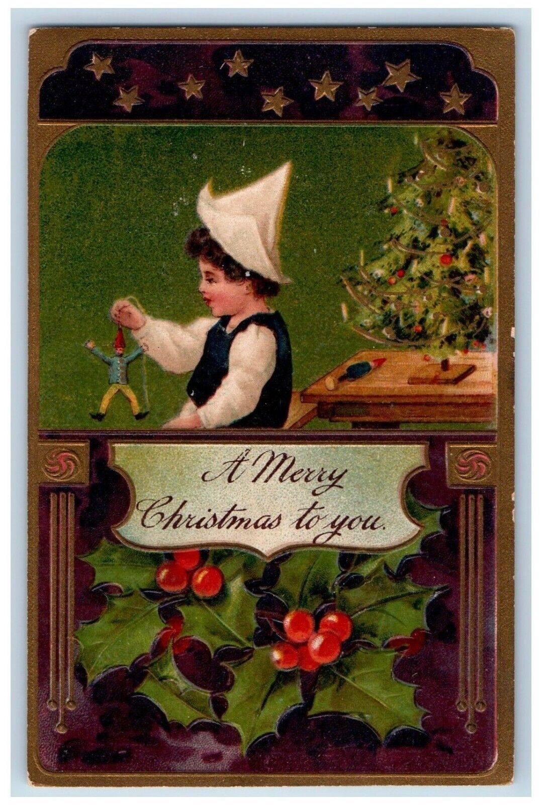 PFB Christmas Postcard Boy Playing Marionette Holly Berries Humbird Wisconsin WI