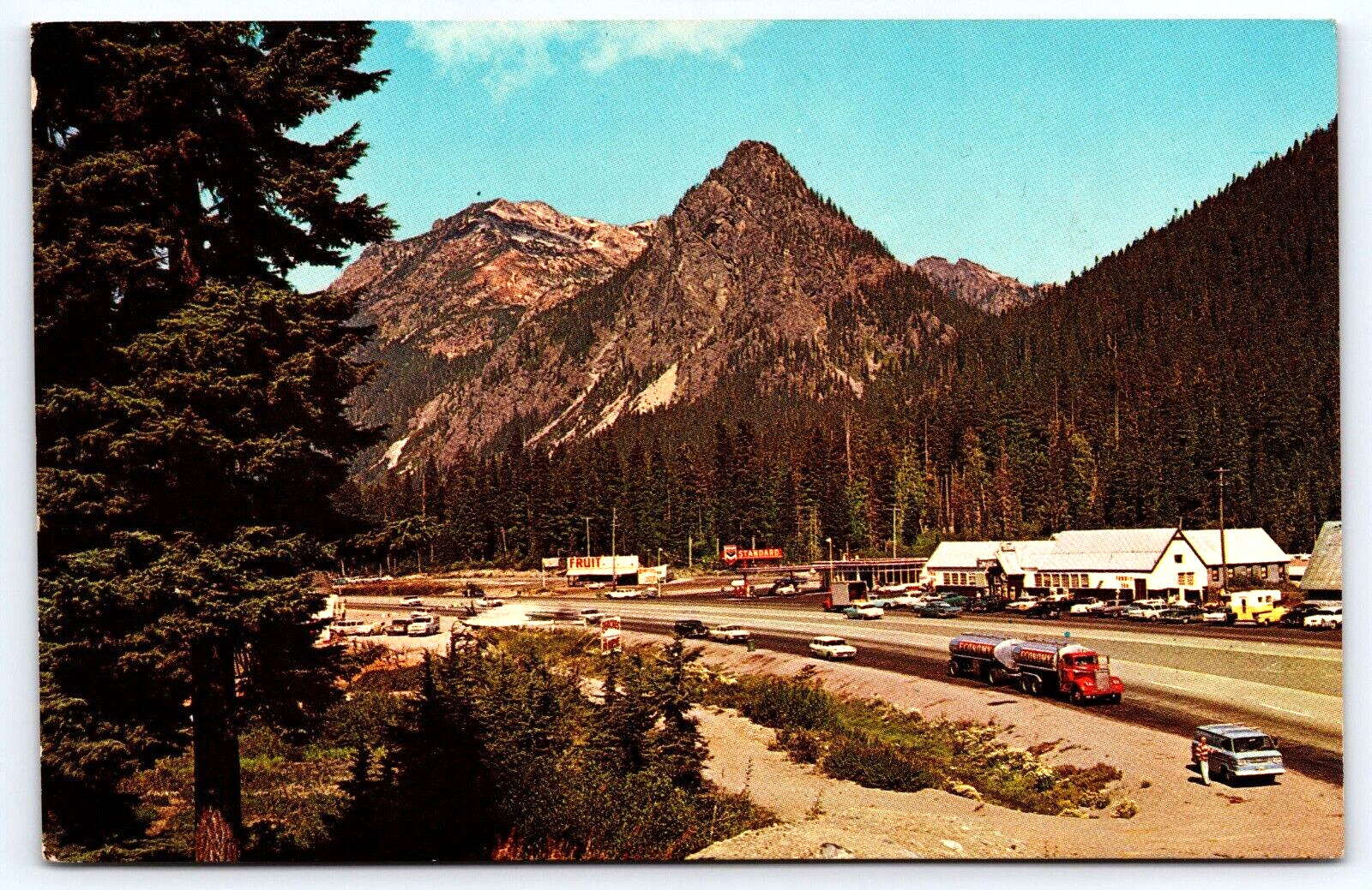 Postcard Summit of Snoqualmie Pass Washington Gas Station Fruit Stand A12