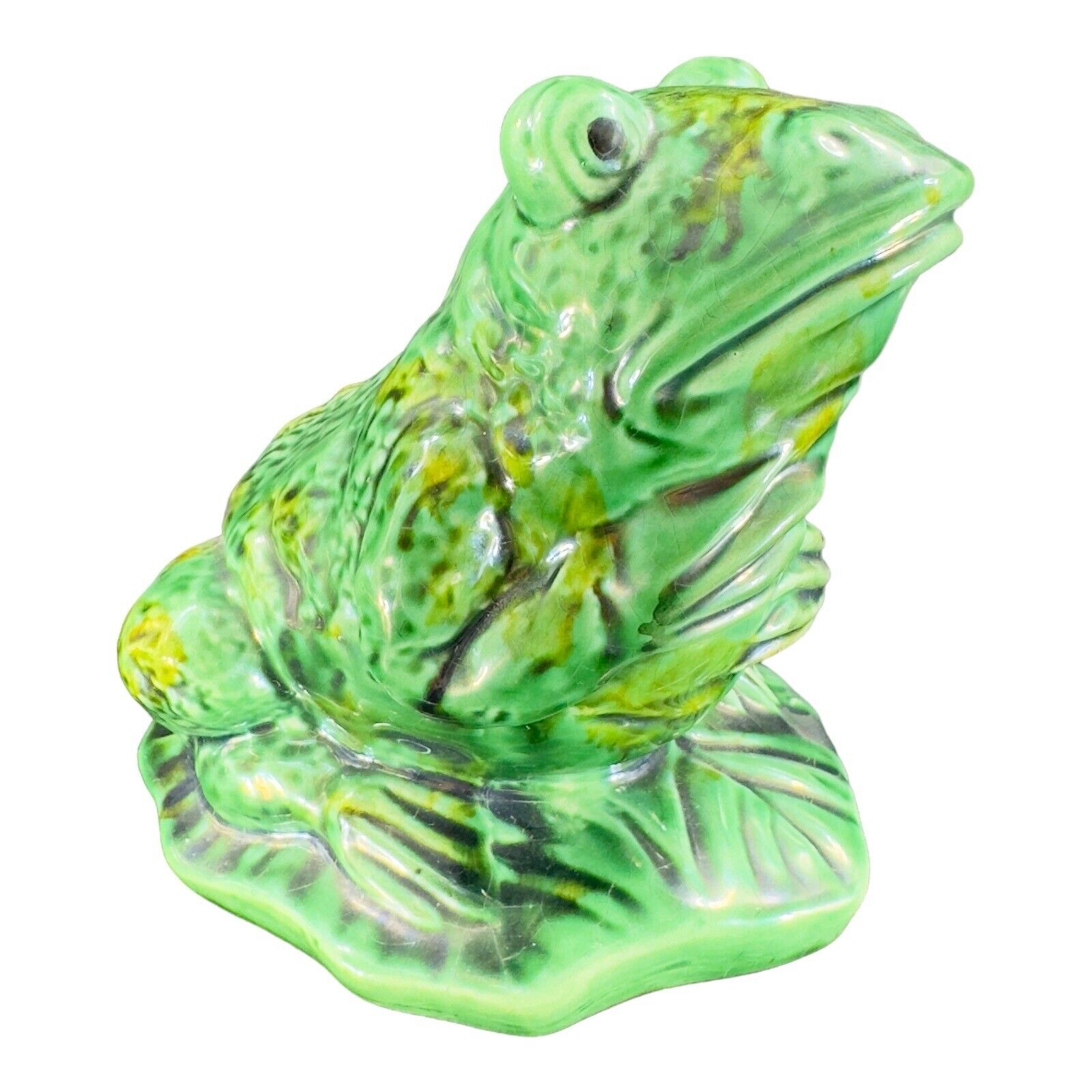 Antique Majolica Pottery Ceramic Frog Toad Large Figurine Green Glaze Whimsical