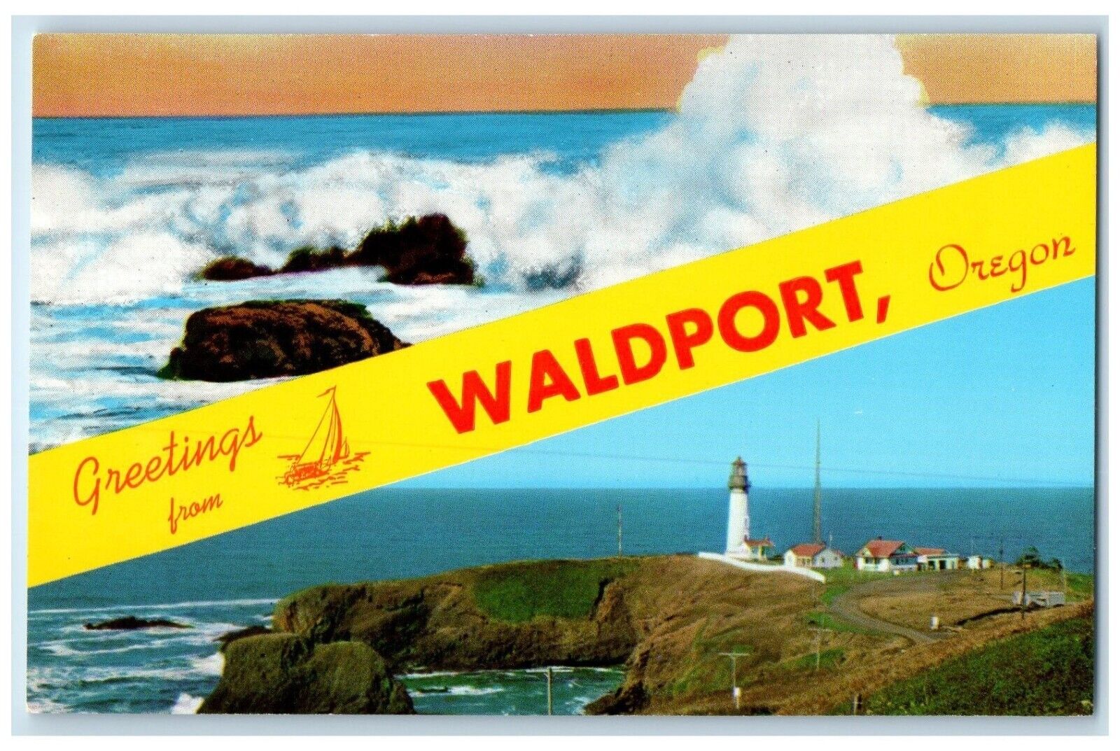 c1950's Greetings From Waldport Oregon OR Dual View Banner Vintage Postcard