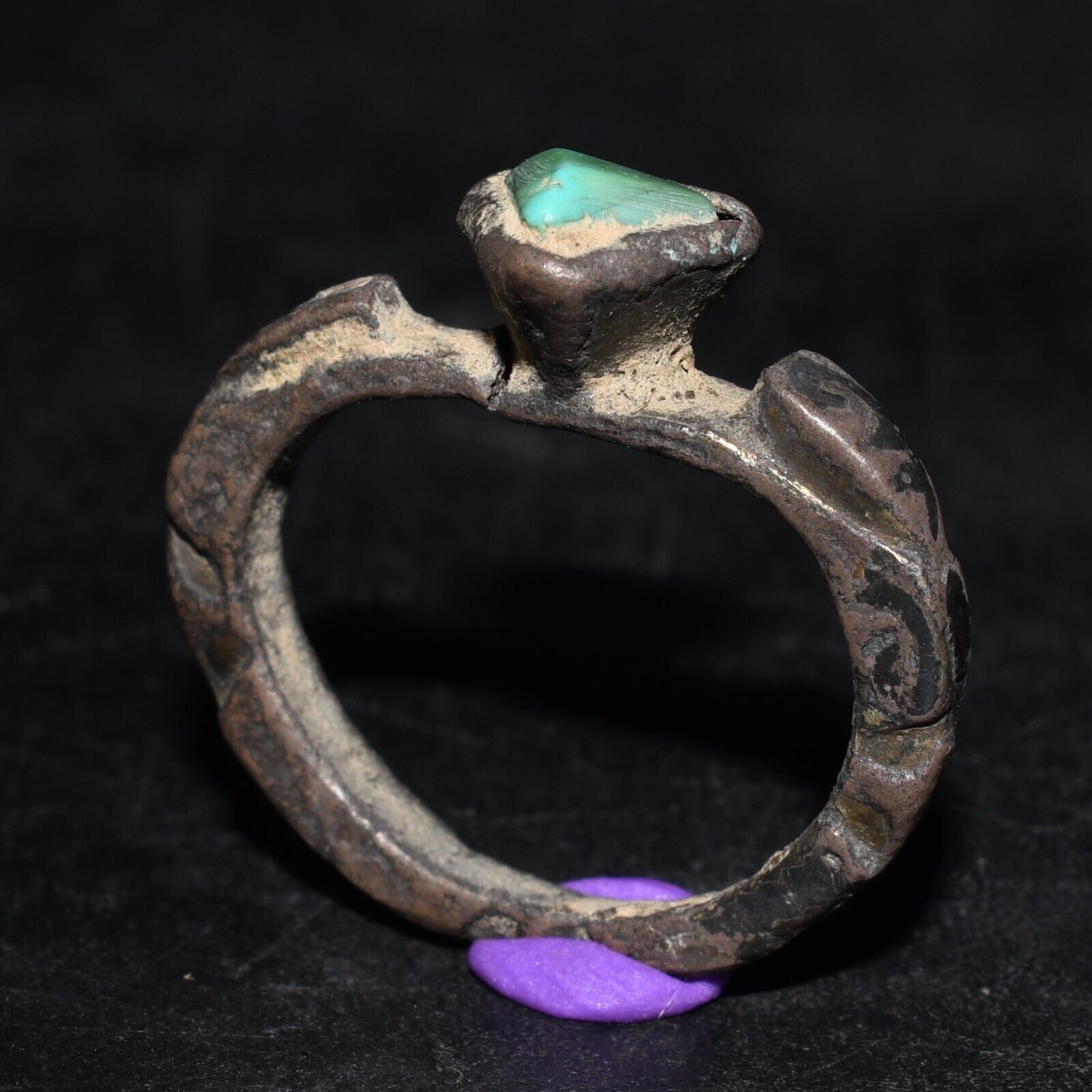 Genuine Ancient Roman Mix Silver Ring with Triangle Turquoise Bezel 1st Century