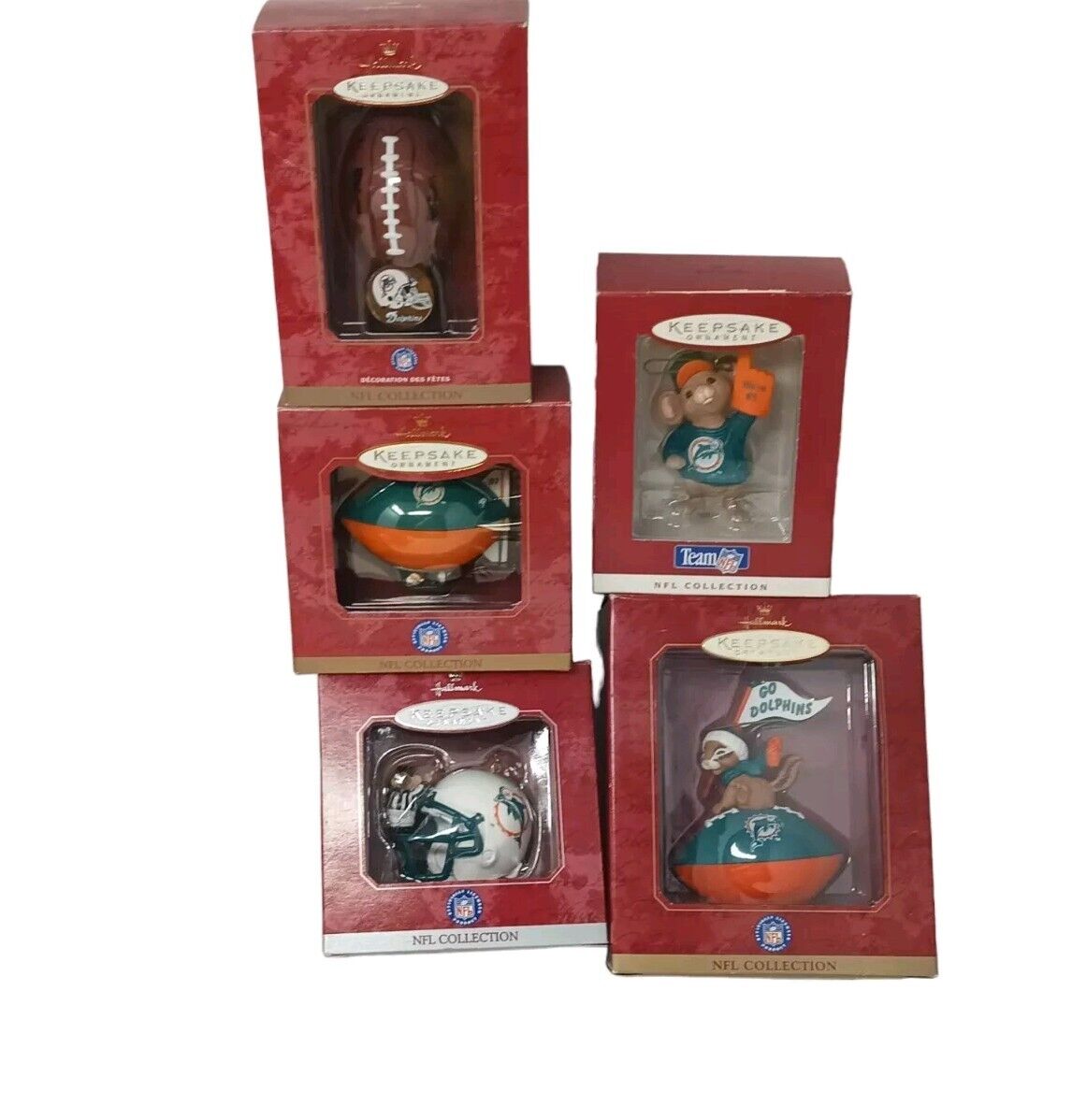 Vintage Miami Dolphins Christmas Ornaments Hallmark Keepsake Set Of 5 1996-2000