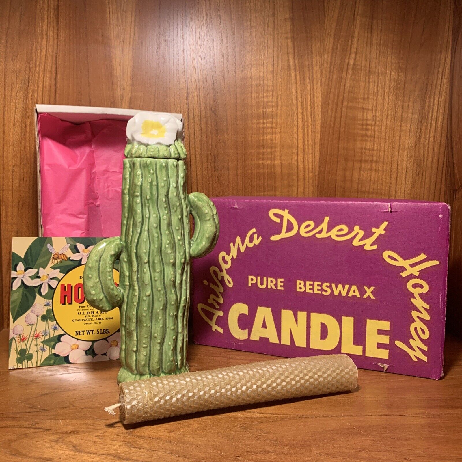 Vintage Arizona Desert Bloom Honey Green Ceramic Cactus Candle Quartzsite AZ ‘67
