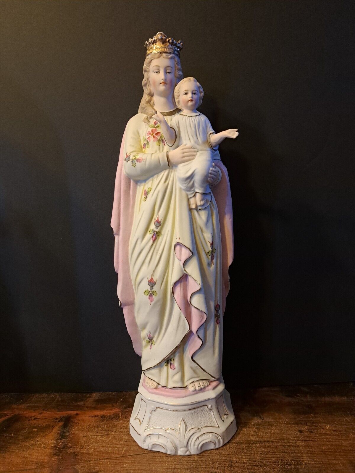 Antique Porcelain Bisque Madonna Virgin Mary Child Jesus Altar Chapel Statue