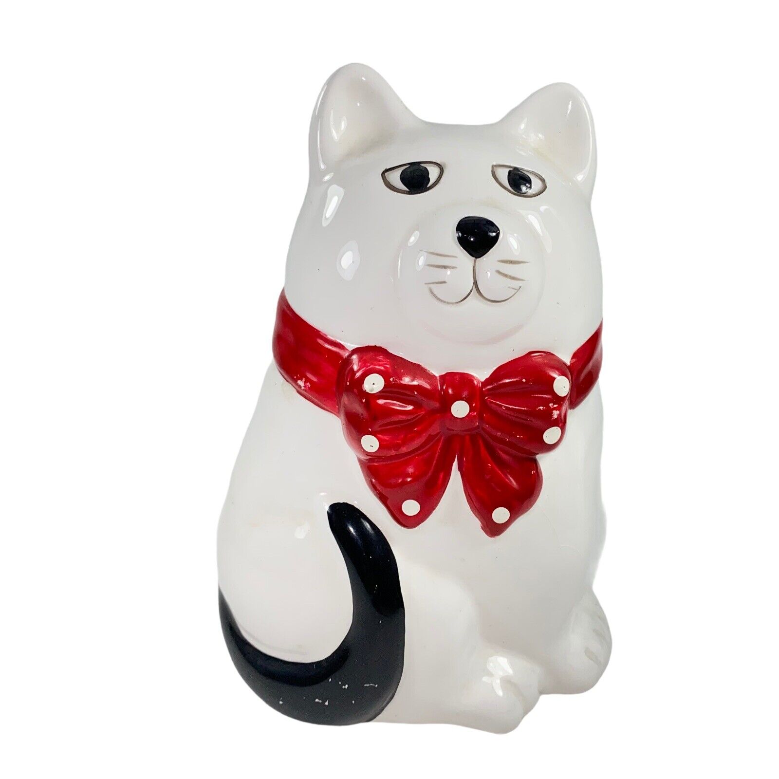 Vintage Red Bow Dotted Cat Piggy Bank 8”T Taiwan White Cat Black Tail