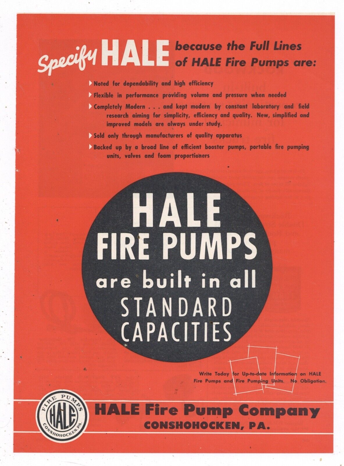 1957 Hale Fire Pump Co. Ad: All Standard Sizes - Conshohocken, Pennsylvania