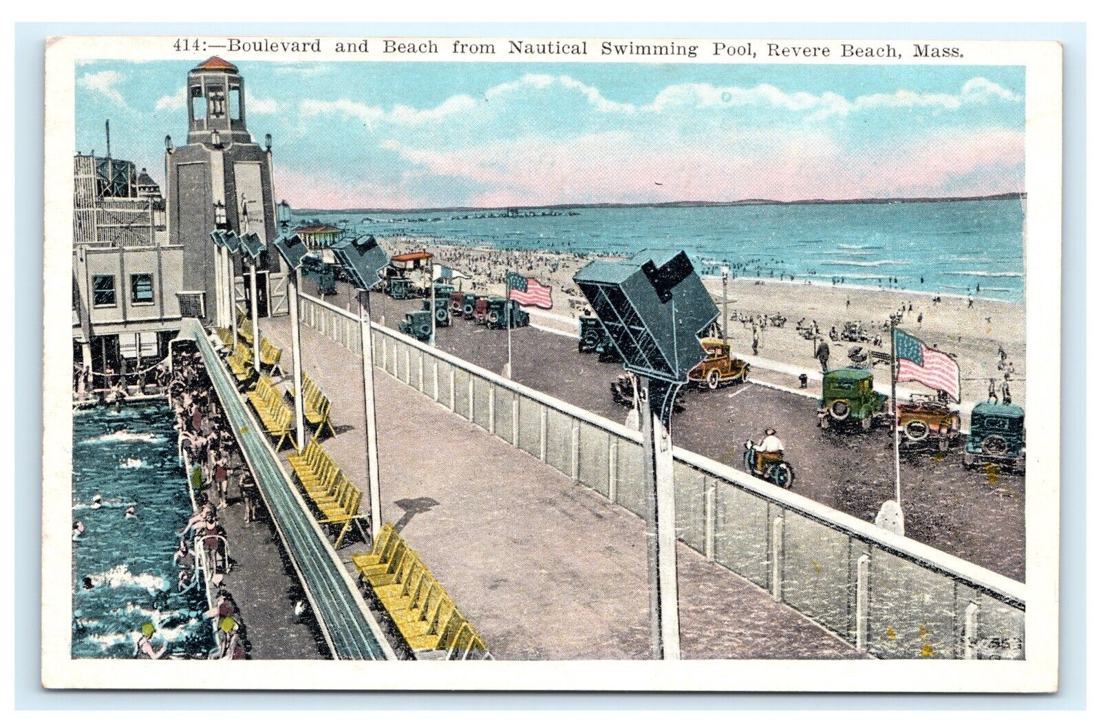 Boulevard & Beach Nautical Swimming Pool Revere Beach MA Mass Postcard B6