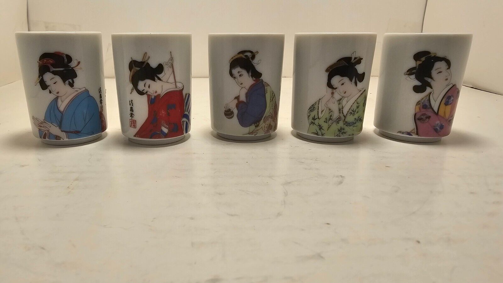 Vintage Set of  5 Sake Cups Japanese Geisha Porcelain