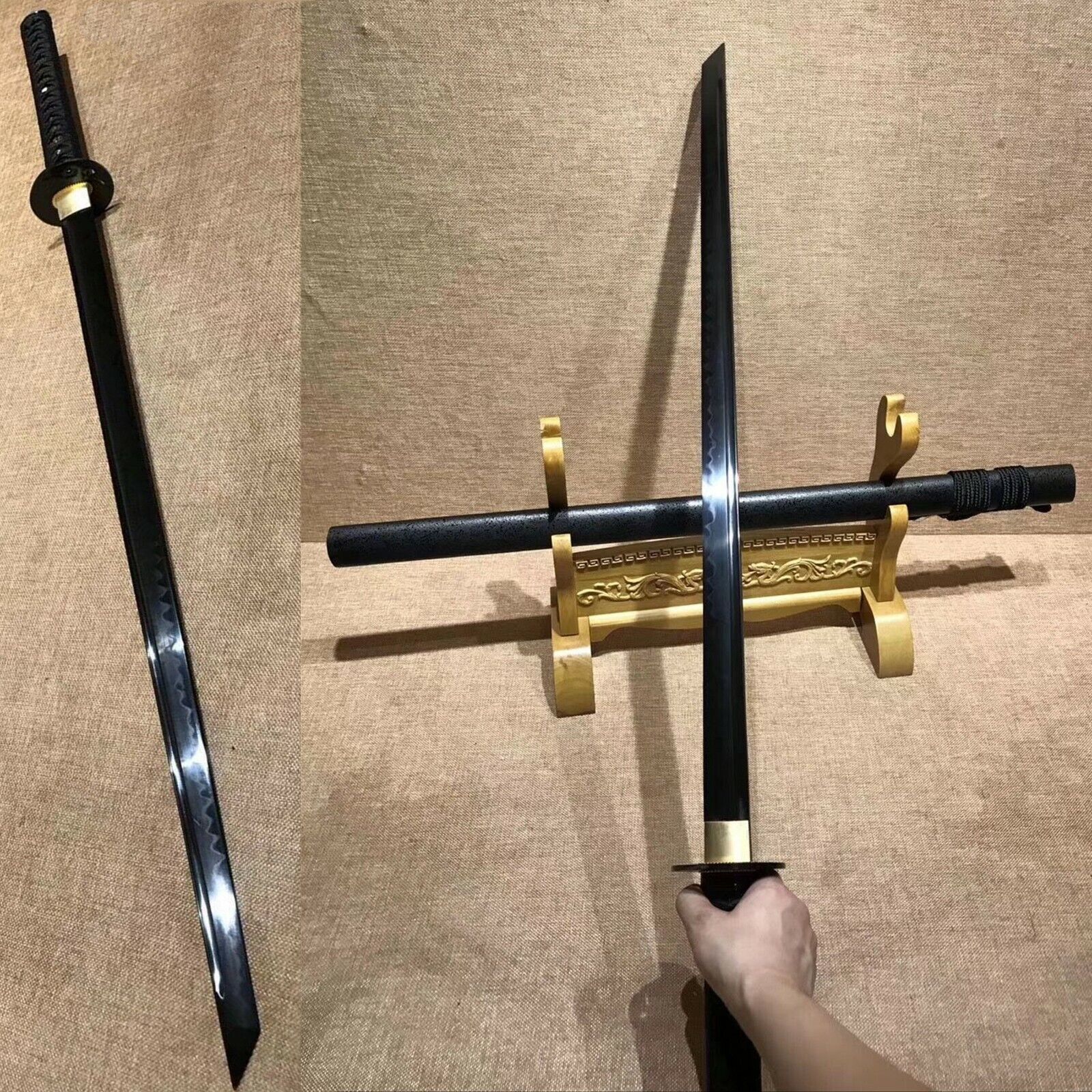 Fully Black Clay Tempered T10 Steel Japanese Katana Samurai Sword Sharp 