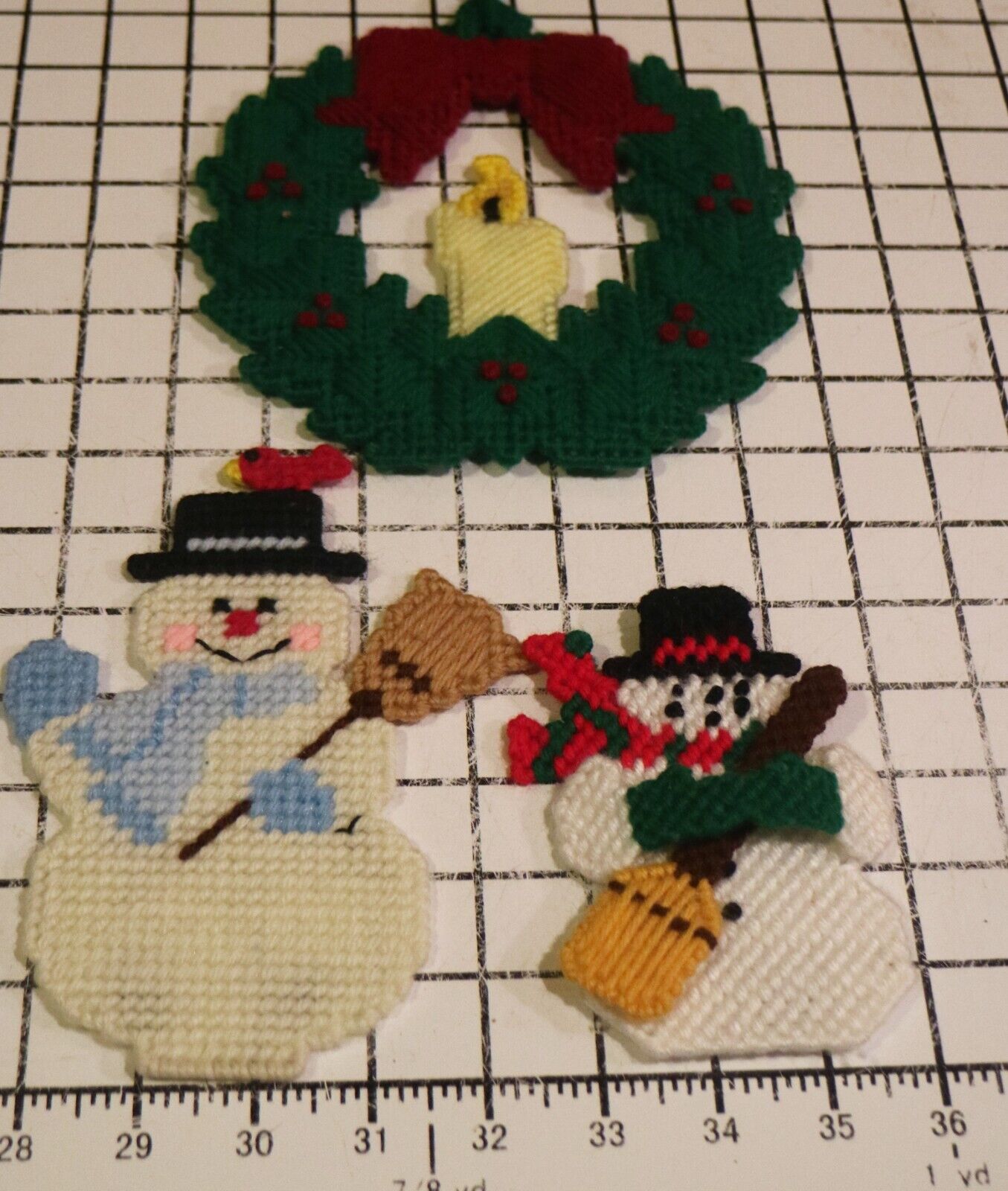 VTG Plastic Needlepoint Christmas Decor Set/3 Snowman Wreath Handmade Kitschy