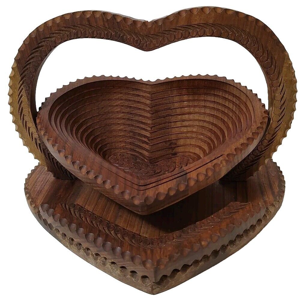 Vintage Wooden Trivet Collapsible Basket Heart Shaped Folding Hand Carved MCM