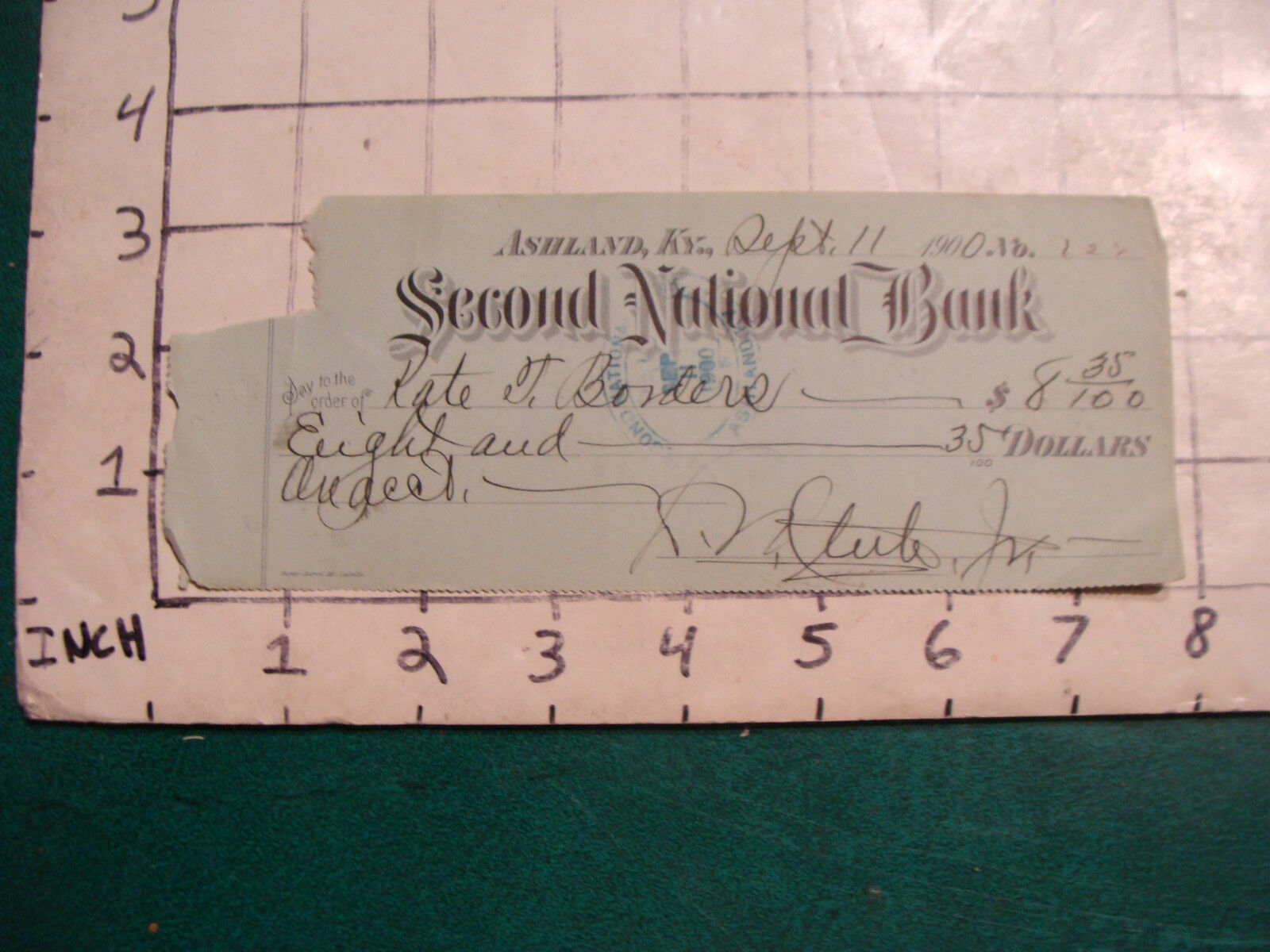 vintage check/s: Second National bank, ASHLAND KY 1900