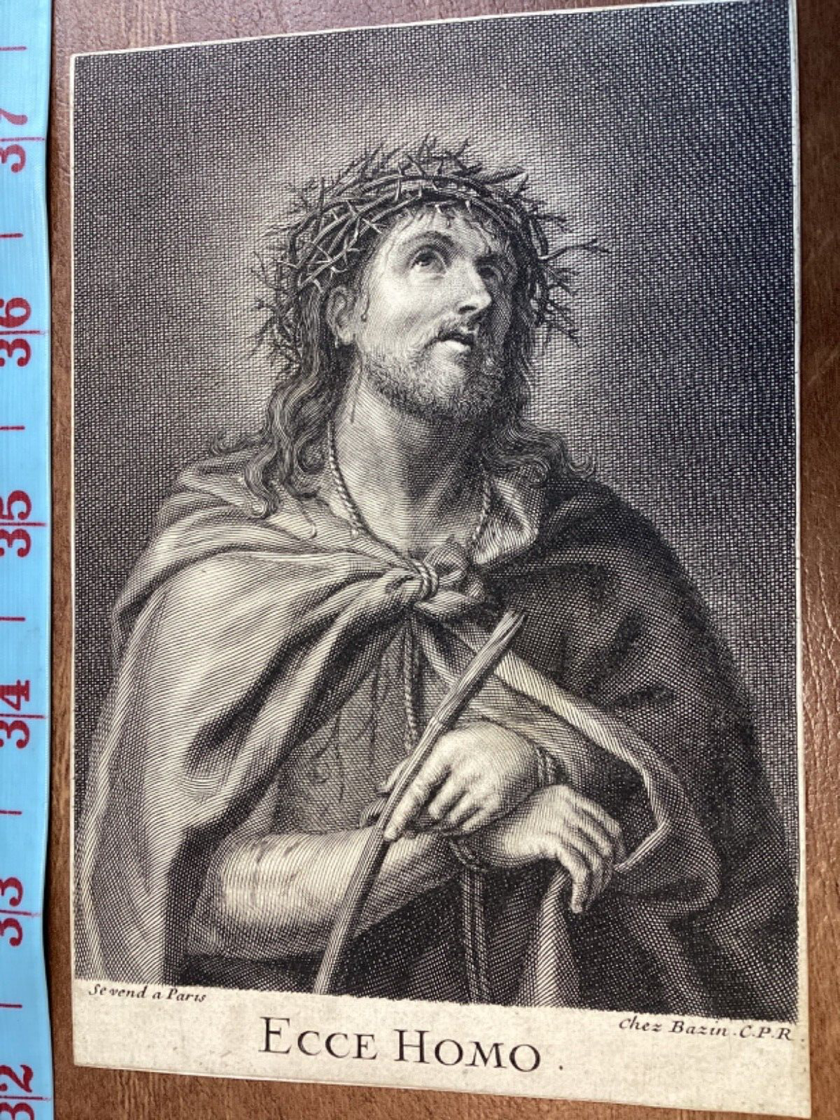 Antique Engraving Religious Print Christ Ecce Homo Bazin c. 1690 holy card