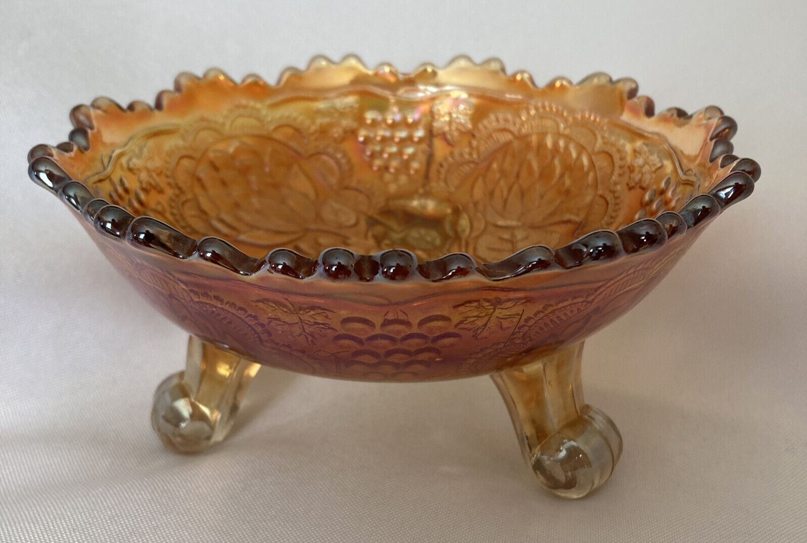 Fenton Lotus and Grape Bowl Three-Footed Antique Marigold Carnival Glass