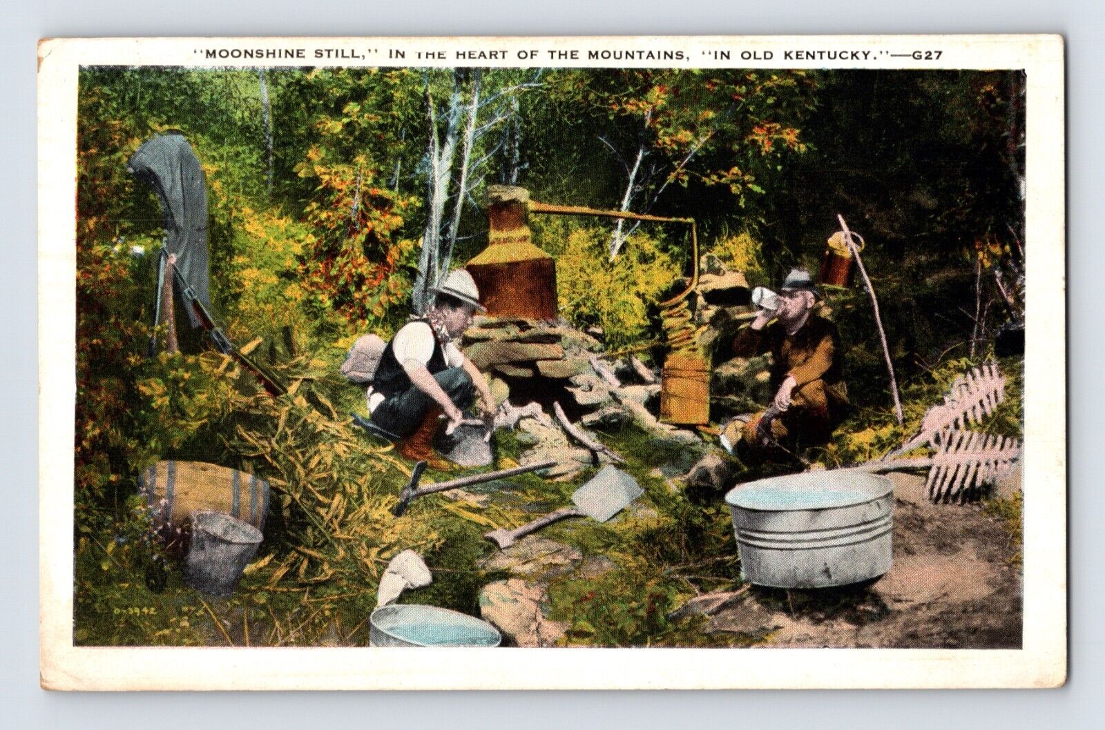 Postcard Kentucky Moonshine Still Hillbilly 1938 Posted Frankfort White Border