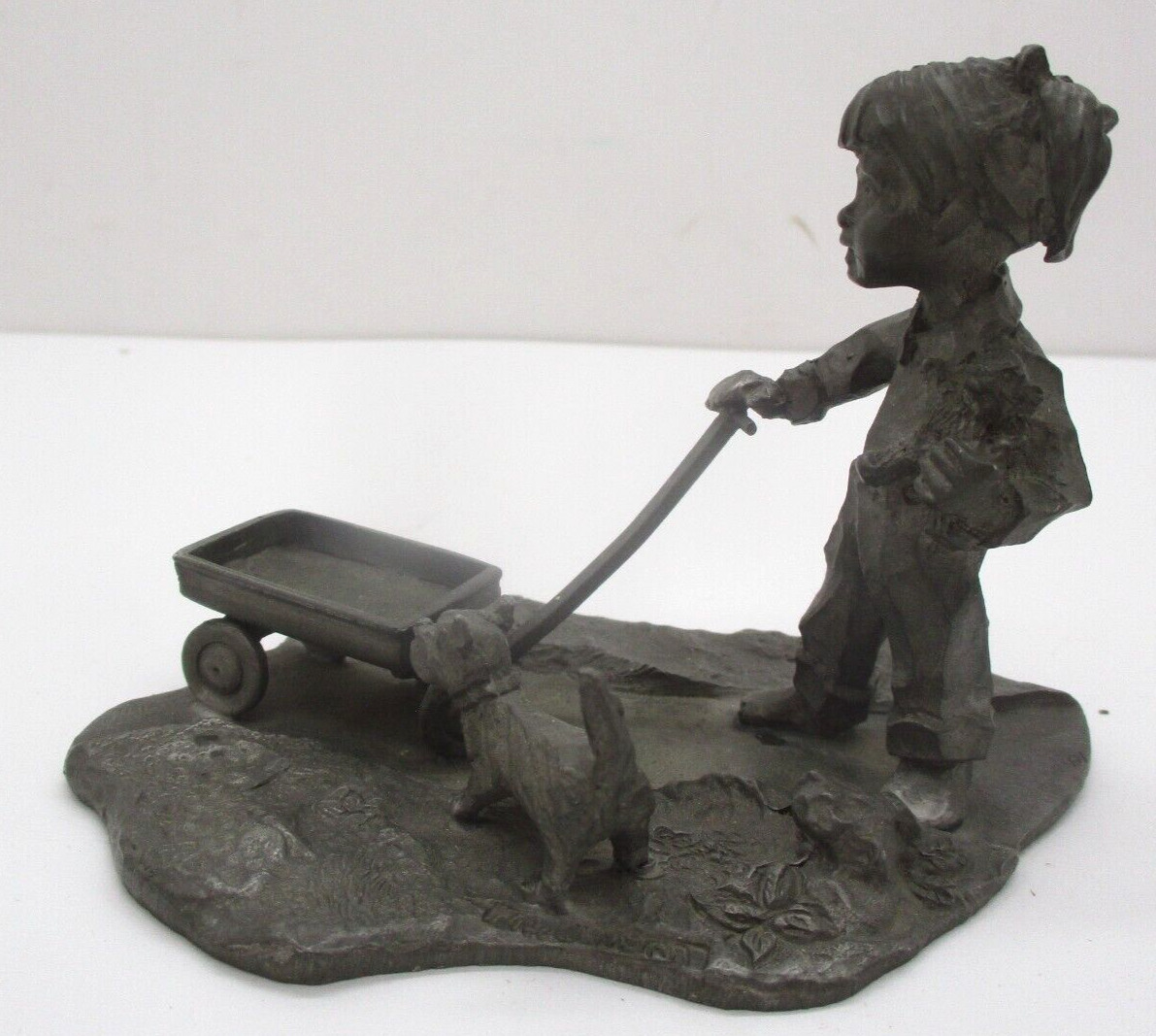 Heritage Pewter Girl with Wagon and Puppy Dog Figurine