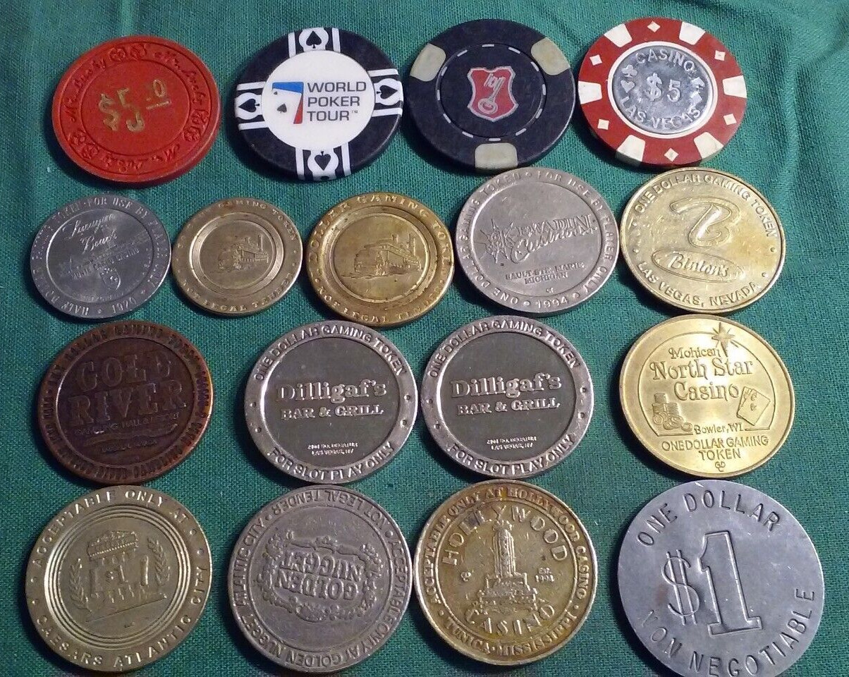 Gambling Gaming Casino Tokens Coins + Poker Chips Lot 17 Vintage Various Mixed