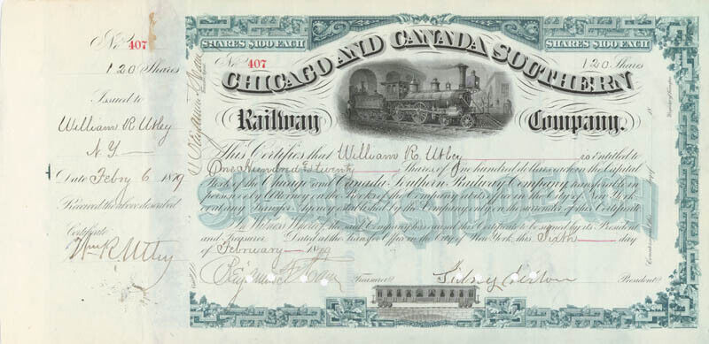 SIDNEY DILLON - STOCK CERTIFICATE SIGNED 02/06/1879