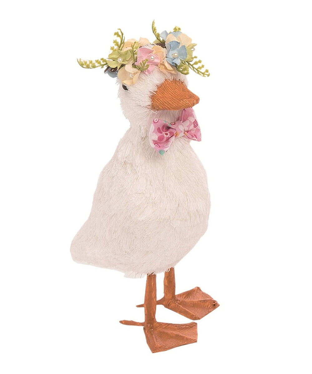 White Sisal Duck with Flower Crown Easter Figurine 