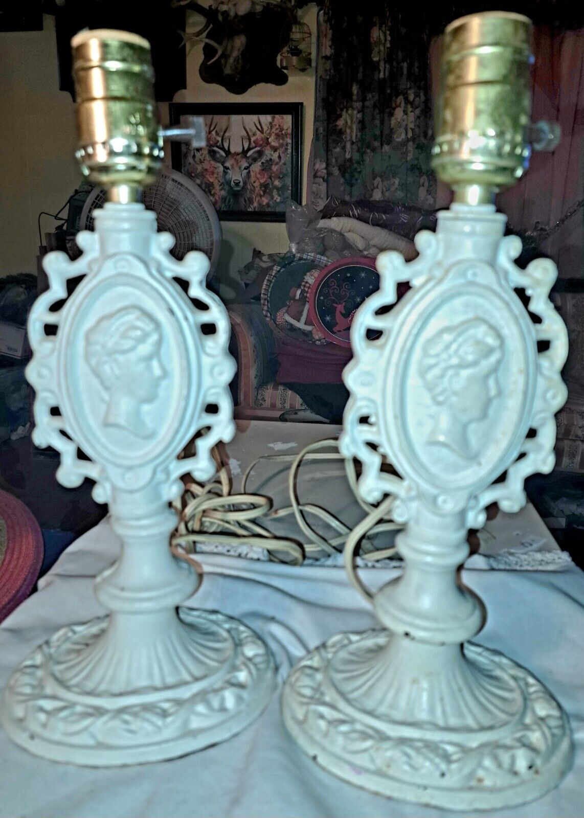 Antique Vtg CAMEO Face Table Lamps   Cast Iron By WF Shades MCM