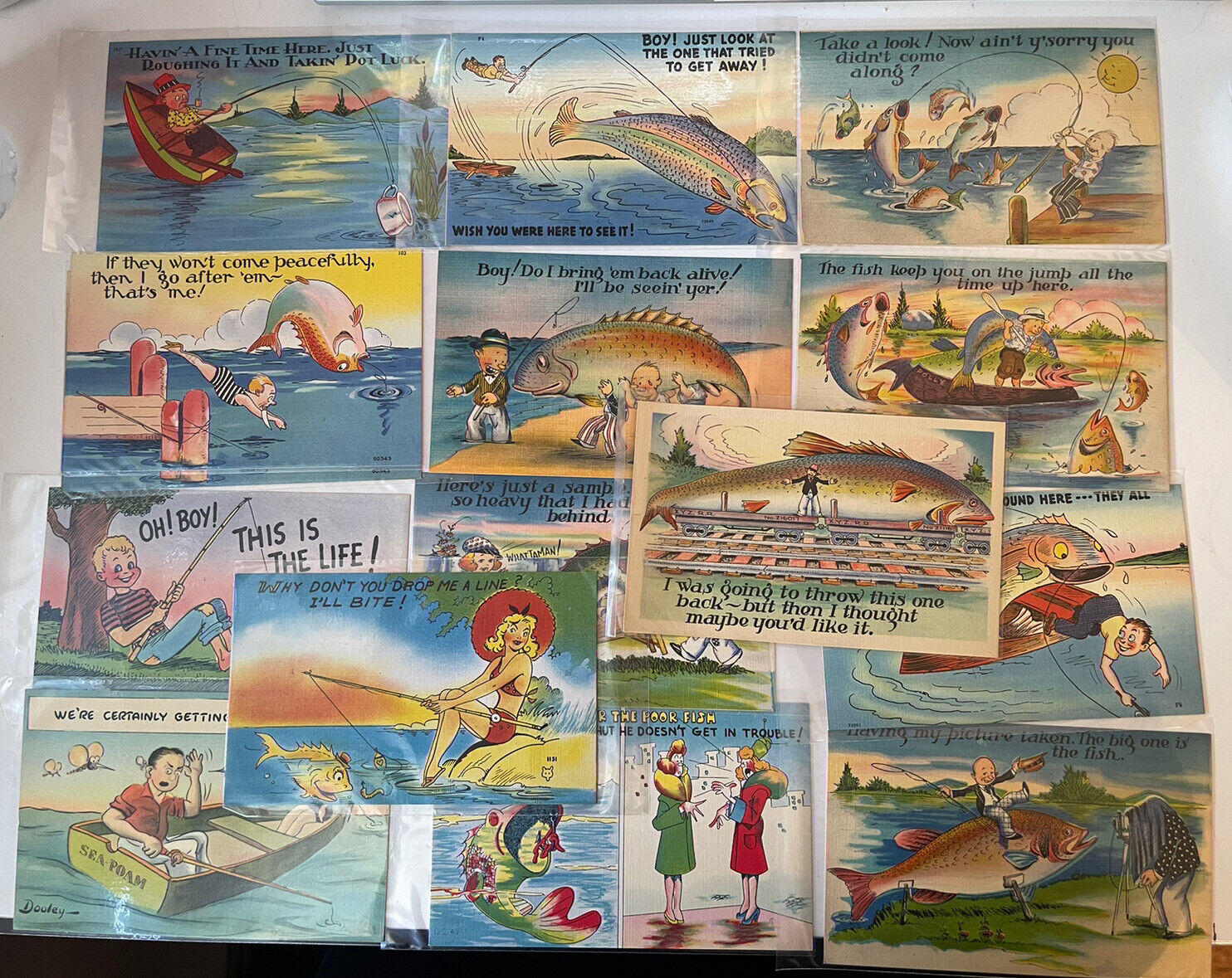 Vintage Comic Cartoon Postcard Fishing Fish Linen’s Lot Set Unposted