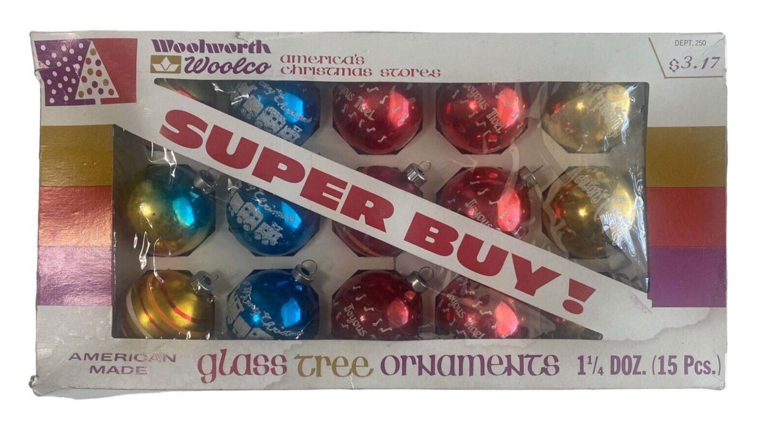 15 Vintage USA Glass Tree Christmas Ornaments Mixed Colors 2” Woolworth Woolco