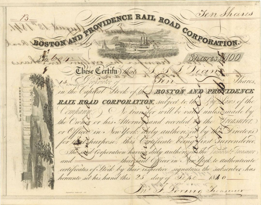 Boston and Providence Railroad Corp. - 1830\'s-1840\'s Stock Certificate - Railroa