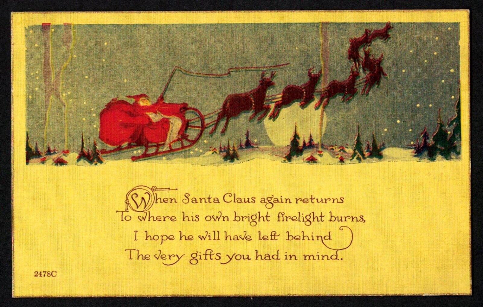 6301 Antique Vintage Christmas Postcard Santa Sleigh Reindeer Flying FOSTORIA OH