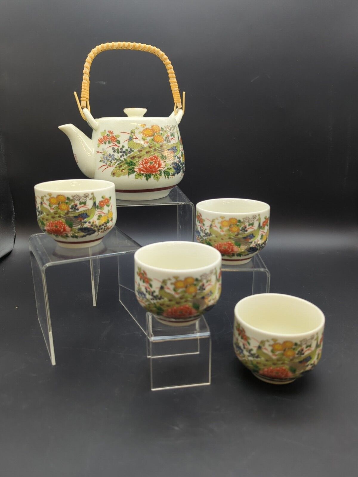 Vtg Japanese Porcelain Bamboo Peacock and Floral Teapot with Four Cups Tea Set