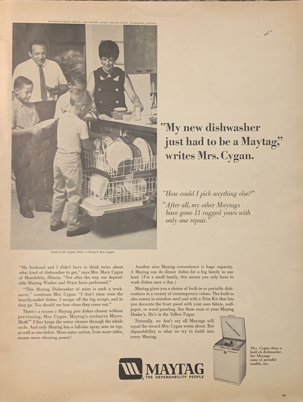1970 Maytag Dishwasher VTG 70s PRINT AD Mary Cygan Family Mundelein Illinois