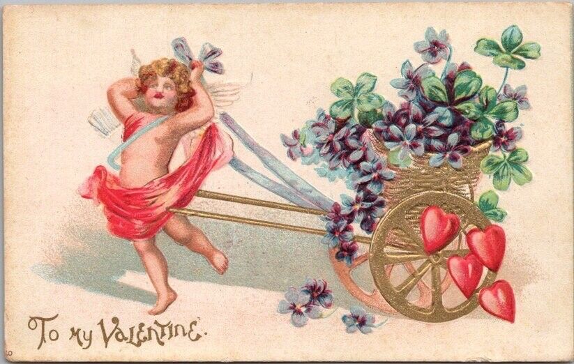 1910s VALENTINE\'S DAY Embossed Postcard Cupid Basket of Violet Flowers - UNUSED