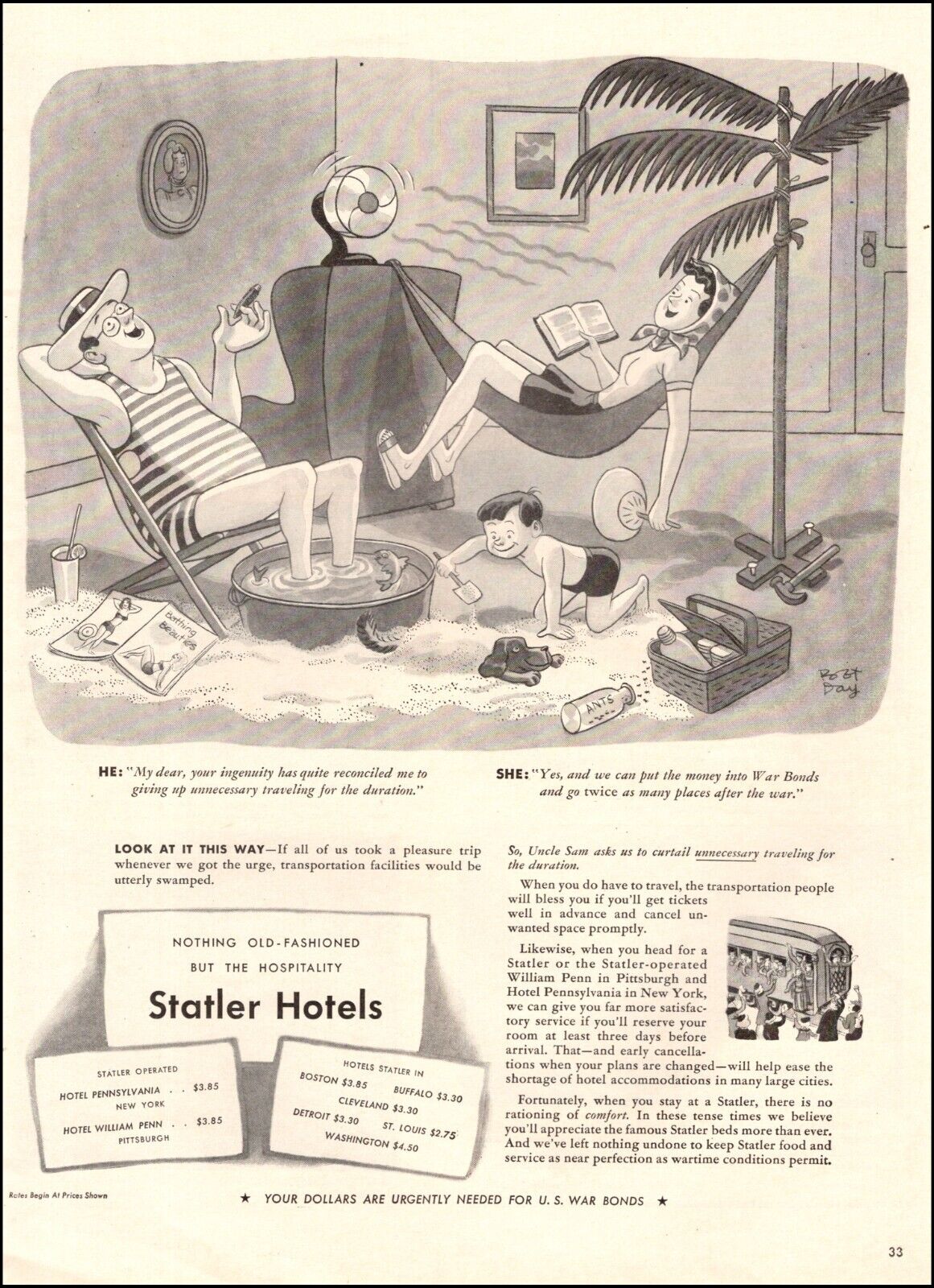 1943 WW2 era Ad for STATLER HOTELS Cheap Vacations Cartoon $3.85 per nt. 061924