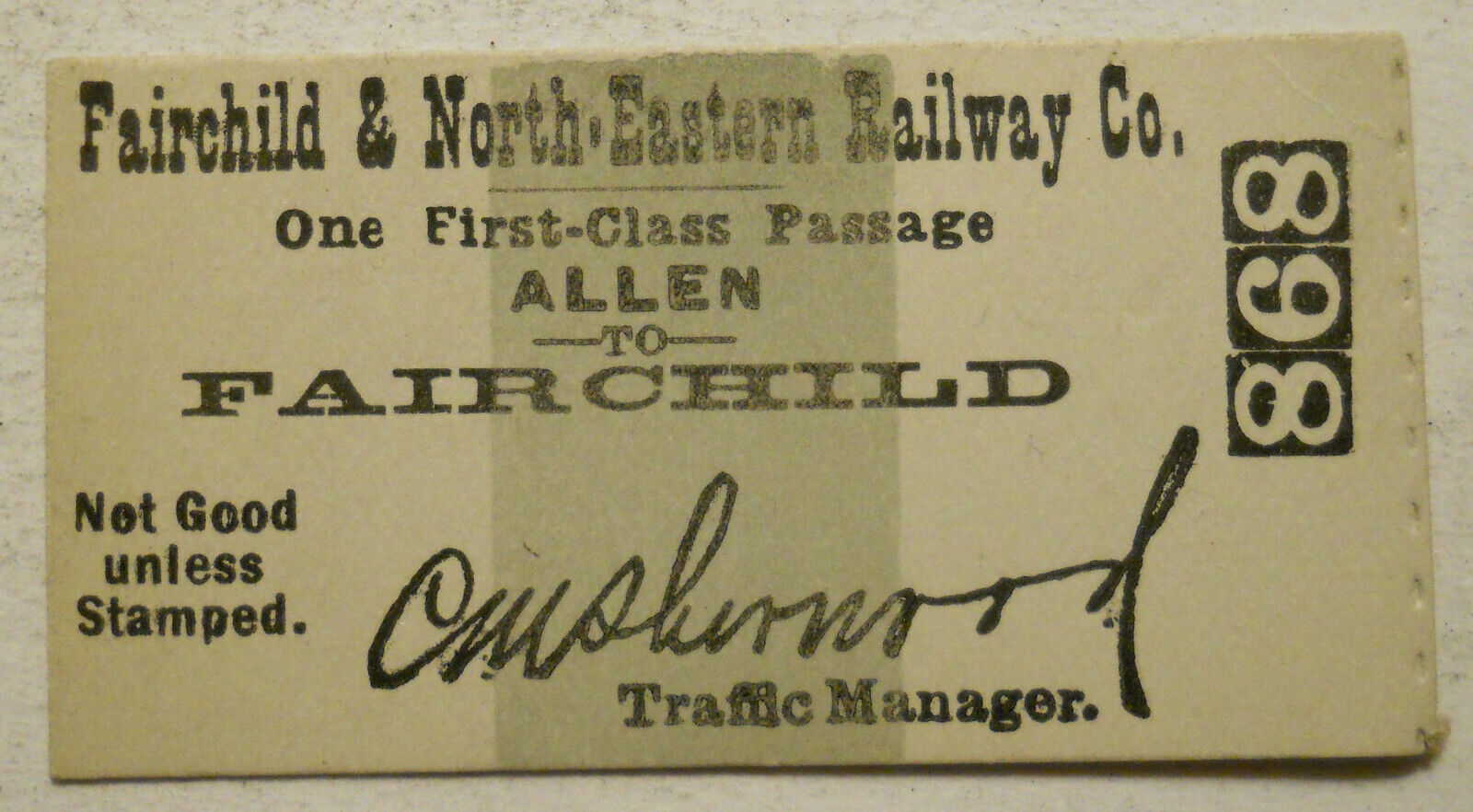 Unused Fairchild & North Eastern Railway Ticket Allen - Fairchild (Wisconsin)
