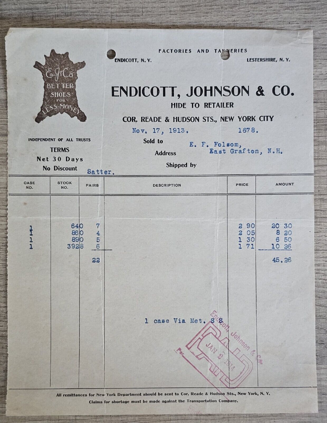 1914 Endicott Johnson & Co Hide To Retailers Tanneries Illustrated Billhead NY