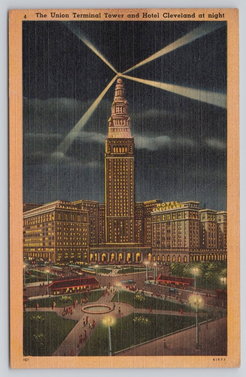 Cleveland Ohio Union Terminal Tower and Hotel Cleveland at Night 1943 Postcard