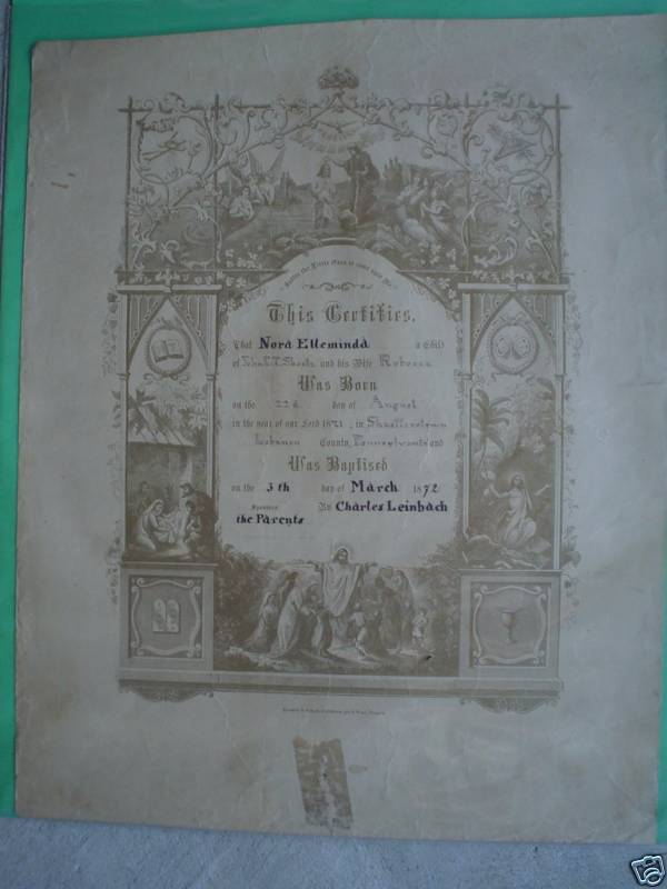 Big Original Antique 1872 Pennsylvania Baptism Certificate