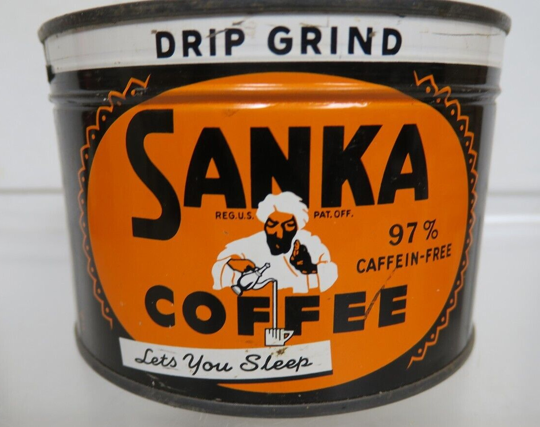 Vintage Sanka 1lb Coffee Caffeine Free Can Unopened NOS Full Key Wind Sealed Tin