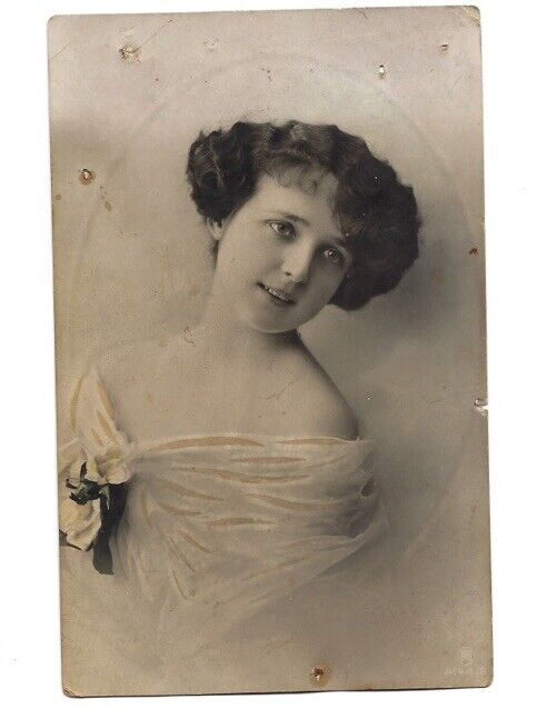 c1910s Beautiful French Girl Woman Young Glossy Pretty Strapless Dress Postcard