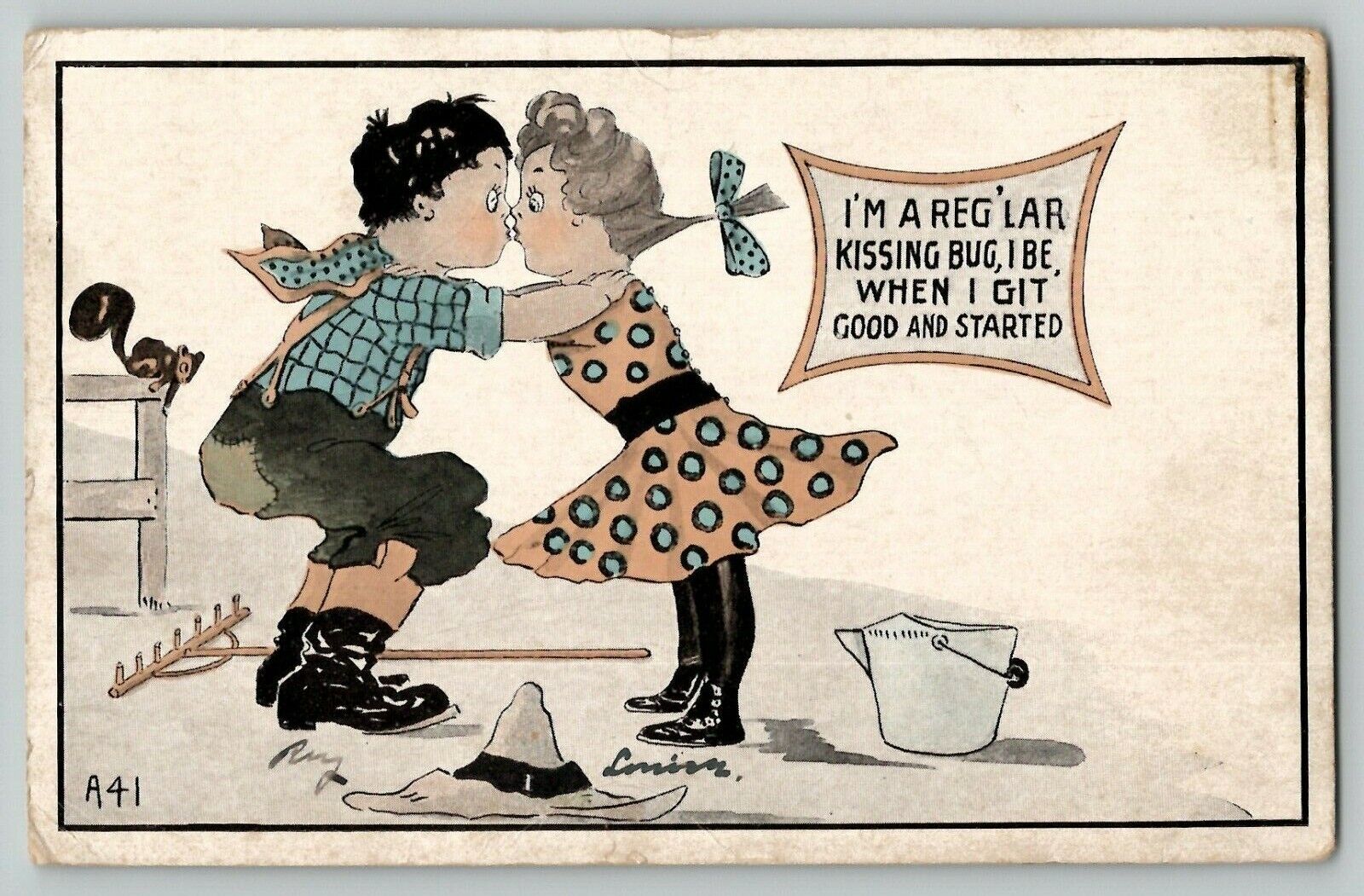 1913 Valentines Day Romance  Kissing Bug Boy and Girl Farm Vintage Postcard A41