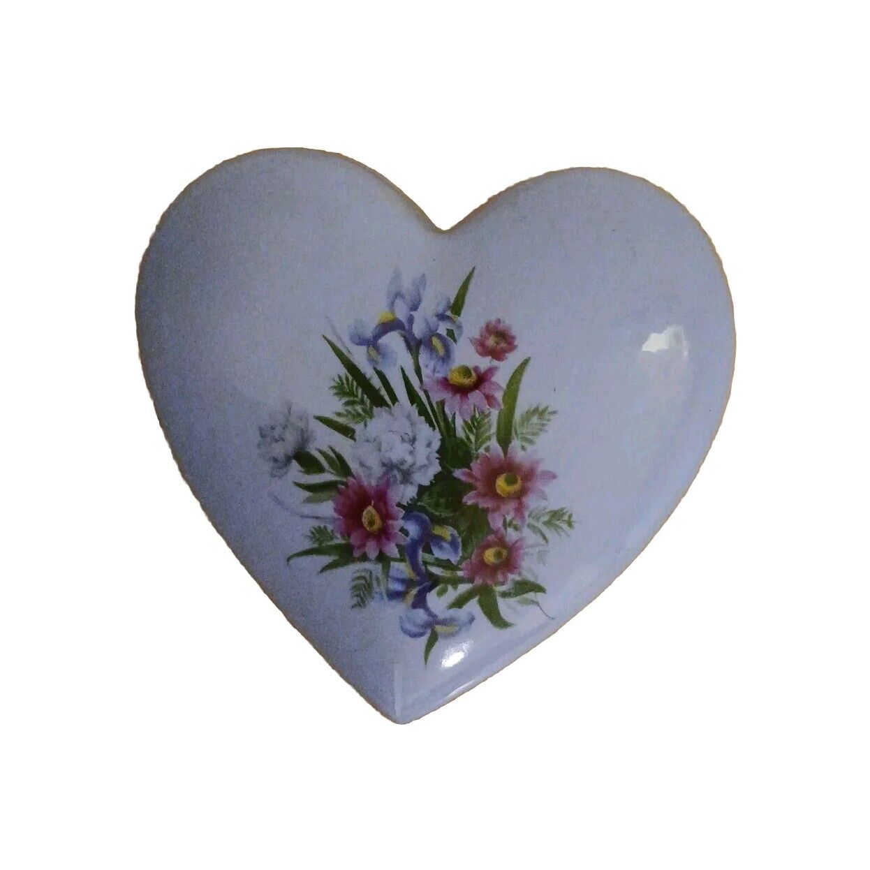 Vintage Blue Heart Shaped Trinket Box with Flowers Ceramic 