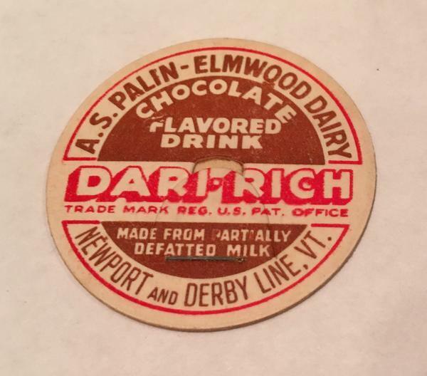 Dari-Rich Chocolate Milk Bottle Cap A.S. Palin Elmwood Dairy Newport Derby Line