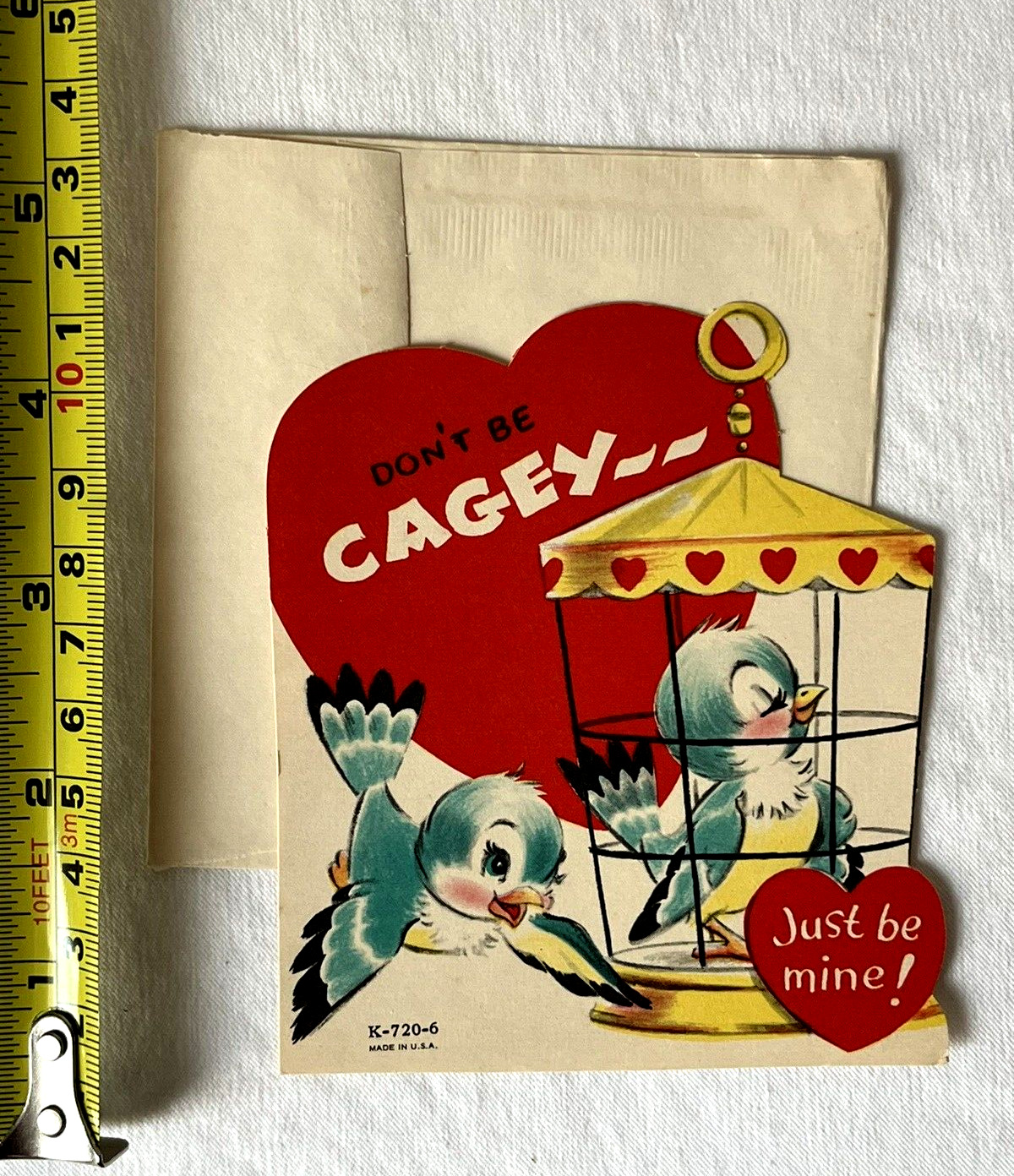 Vintage UNUSED Valentines Day Card Don\'t Be Cagey Just Be Mine Bird w ENVELOPE