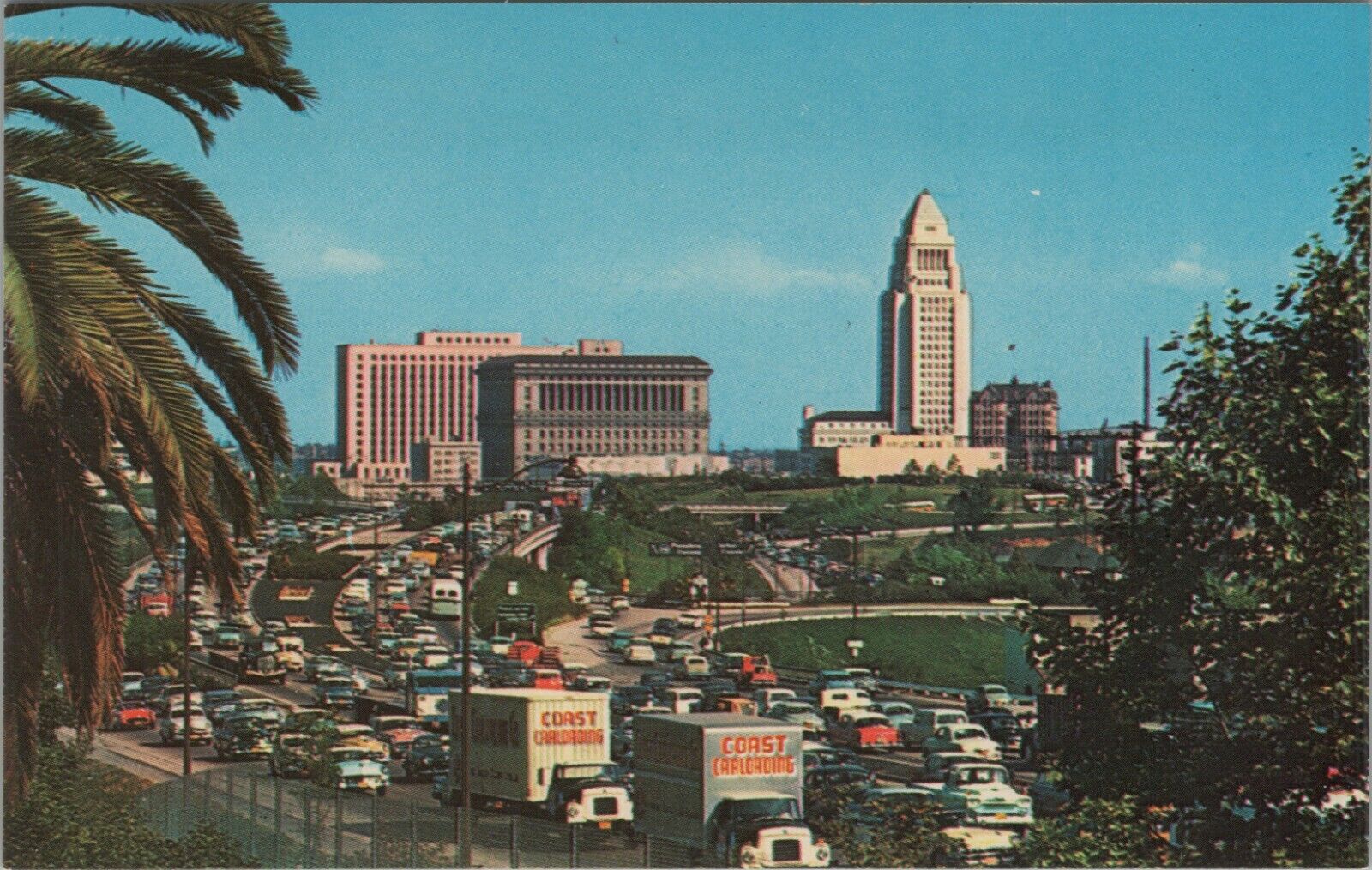 c1950s Los Angeles Hollywood Freeway trucks autos traffic postcard B920