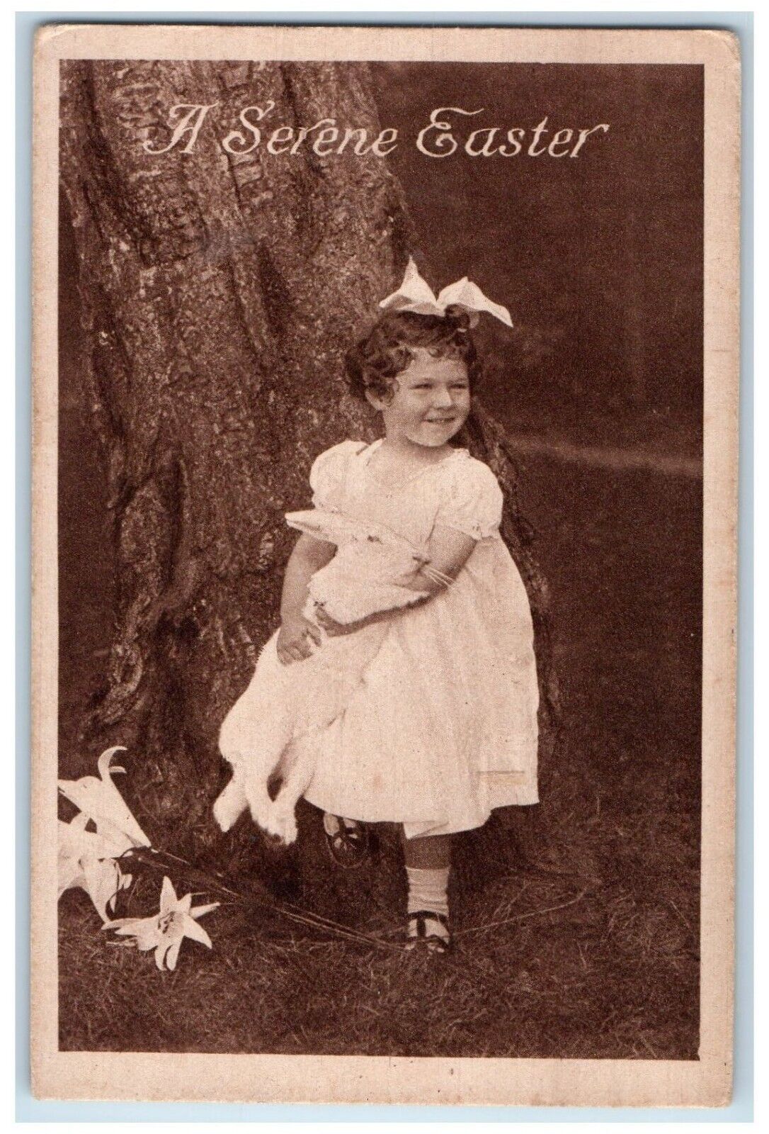 c1910\'s Easter Little Girl With Rabbit Lilies Flowers Unposted Antique Postcard