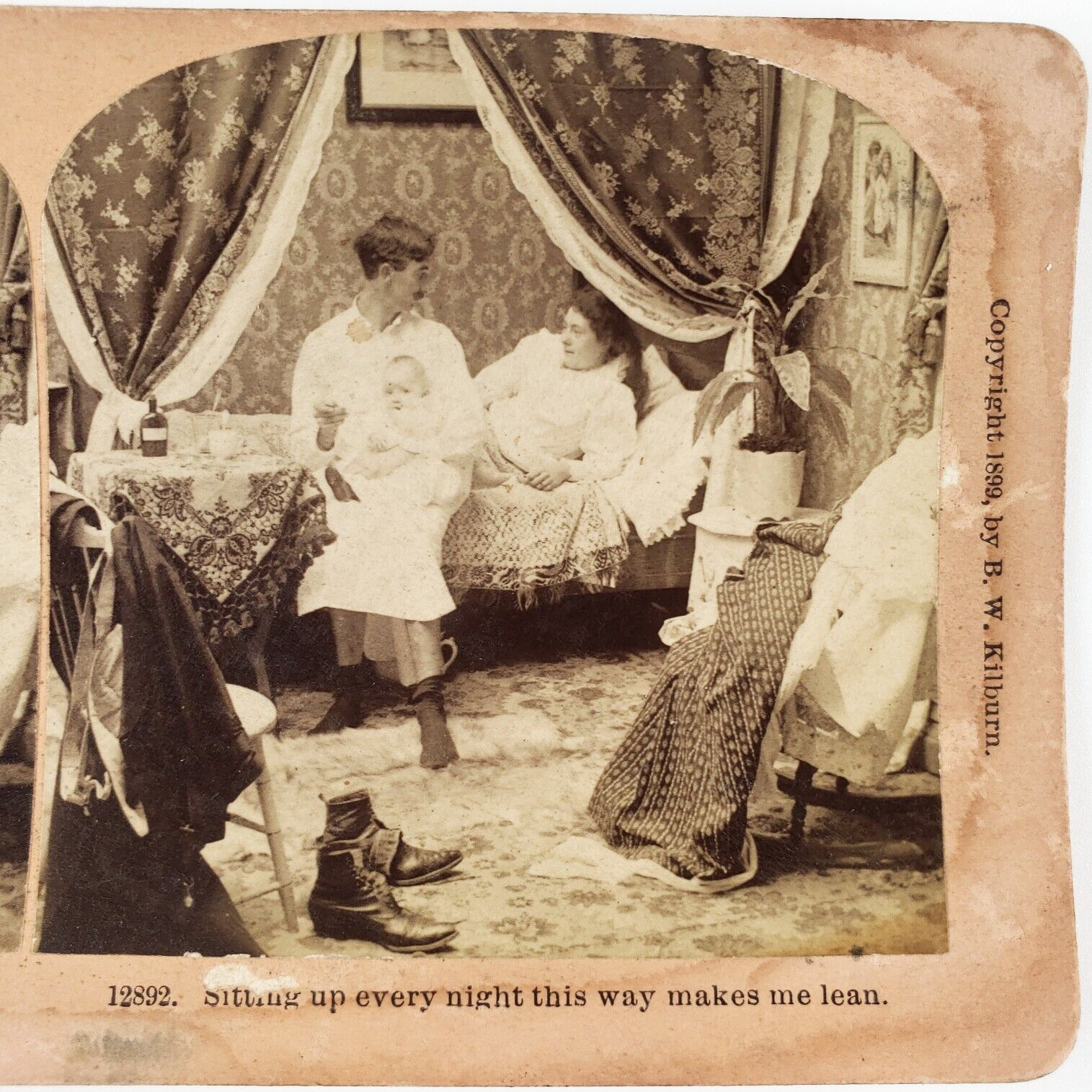 Married Couple Feeding Baby Stereoview c1899 Bedroom Undressed Woman Man F818
