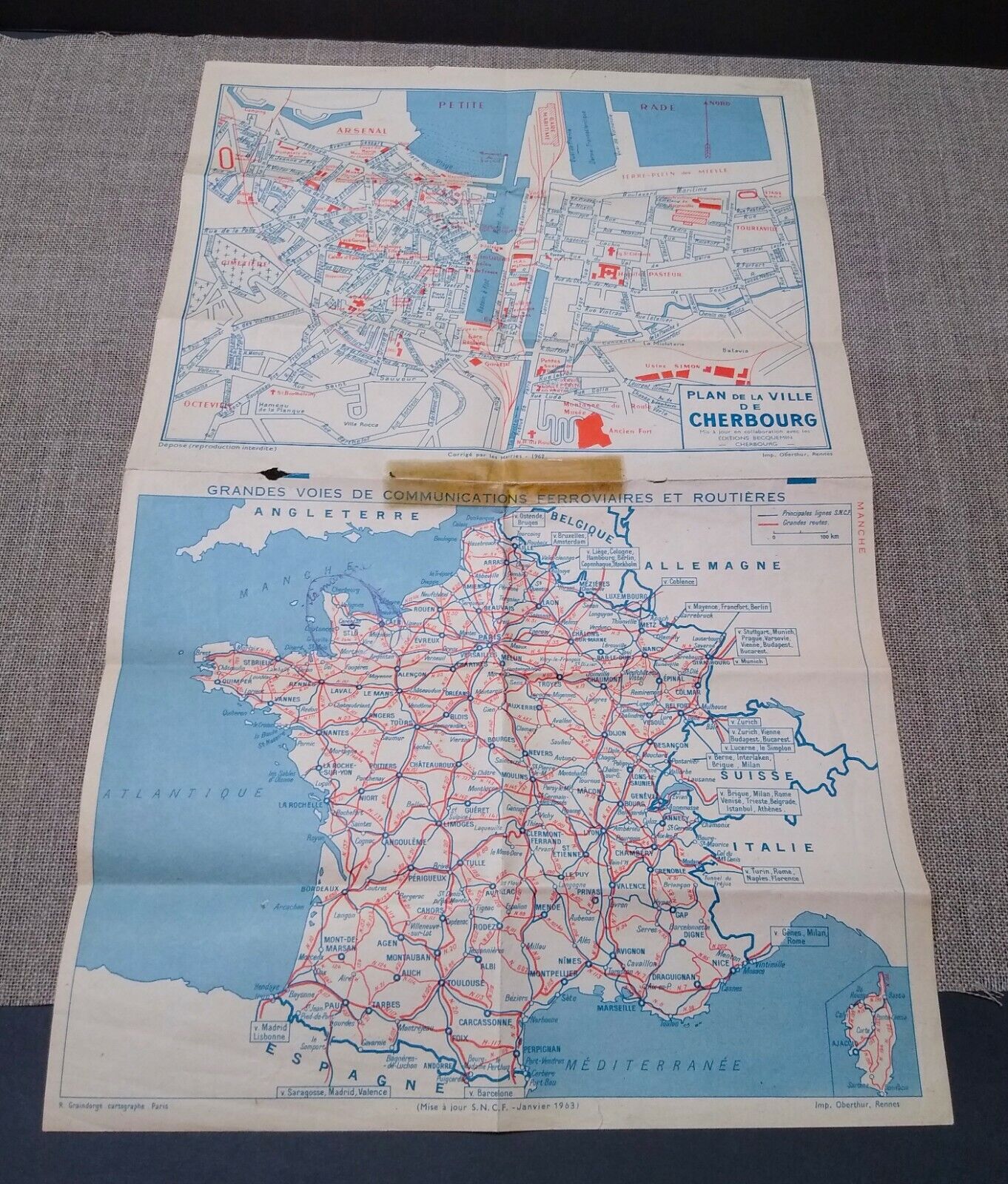 Vintage France Map 1962 1963 Cherbourg City Map Visitor Tourist 10\