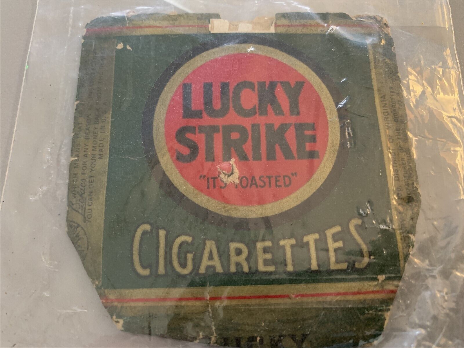 Vintage 1940\'s WWII Empty Lucky Strike Cigarette Pack Green (flat from storage)
